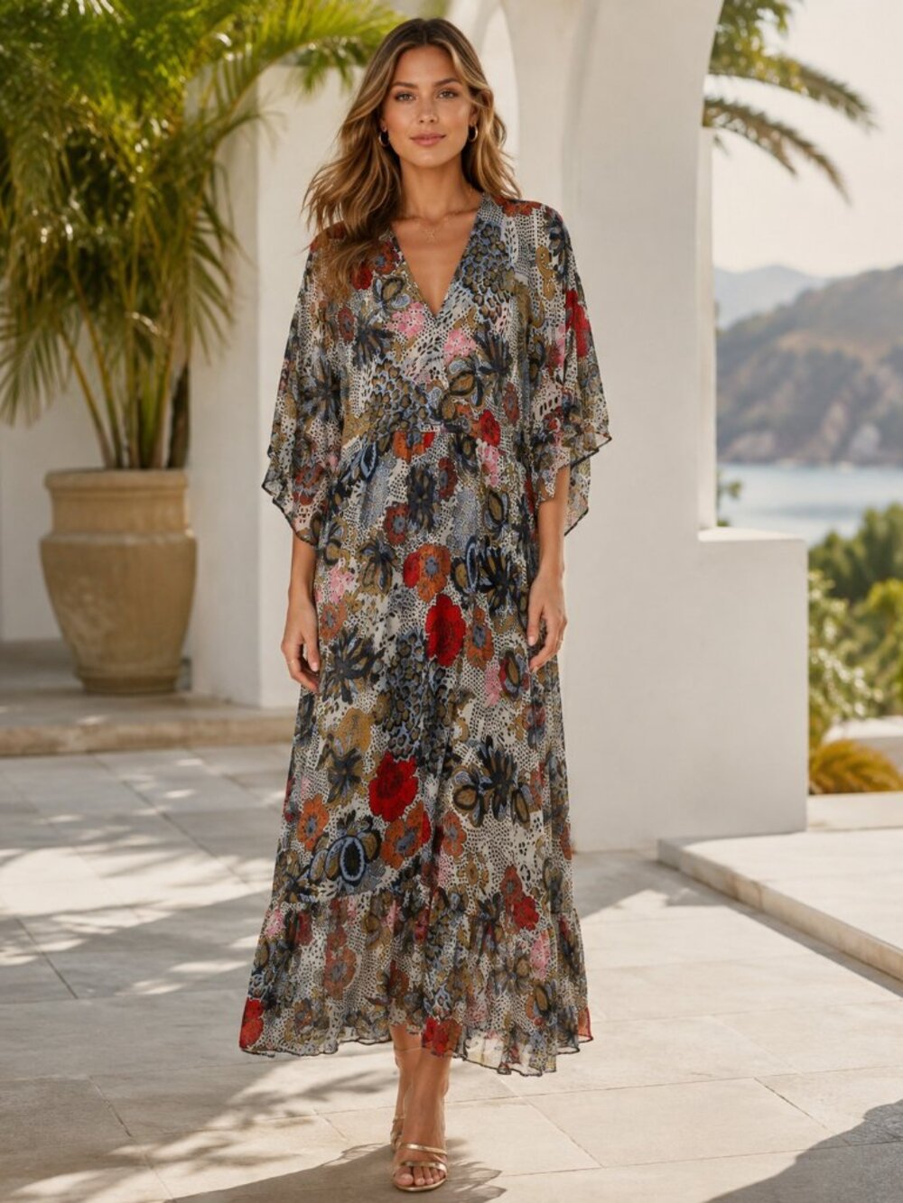 Odd Molly Anthropologie Floral Maxi Long Dress Ruffle Printed Chiffon XS-0